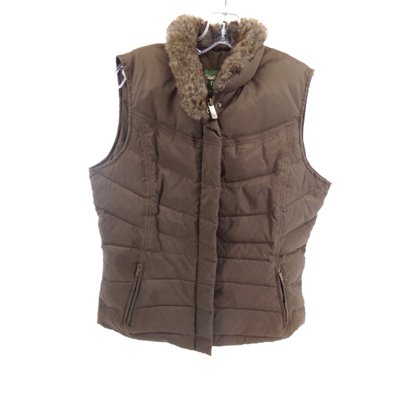 Eddie Bauer Jackets & Blazers - Eddie Bauer Womens MED Down Puffer Vest Brown Faux Fur Lined Collar